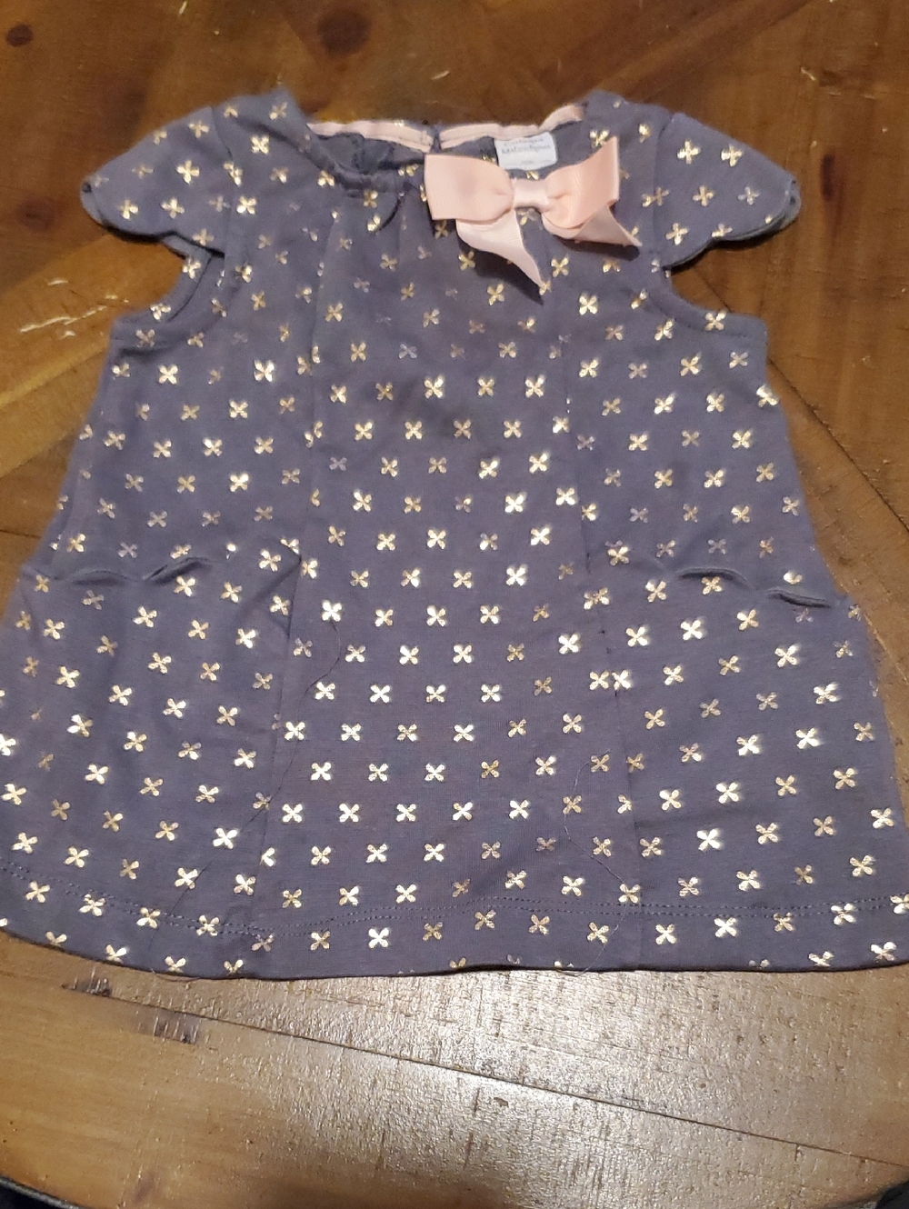 Catherine Malandrino Gray Dress with Pink Bow and Gold Foil